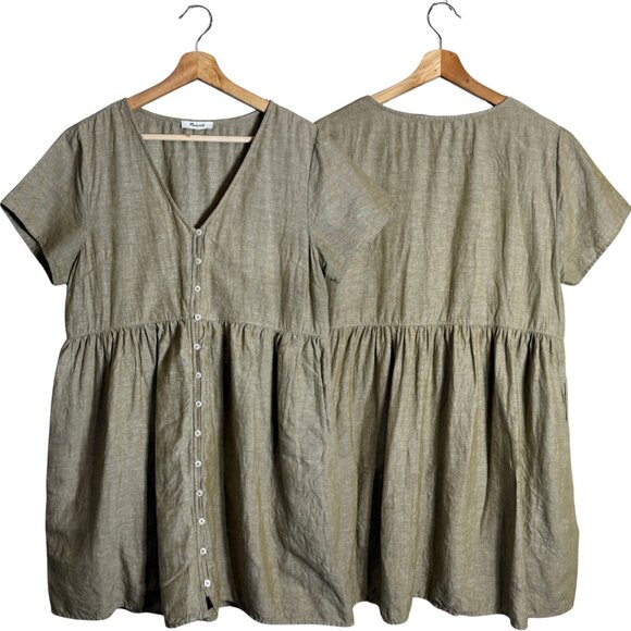 Madewell Linen-Blend Alexandra Button-Front Mini Dress Womens Large Olive Branch - Picture 3 of 14